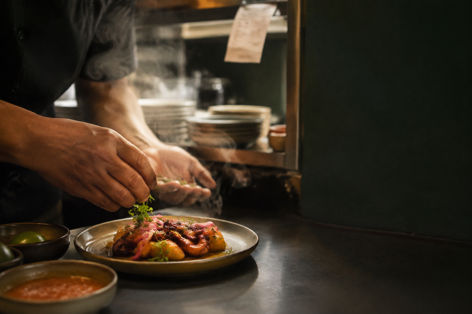 Cocinero terminando un plato durante el servicio